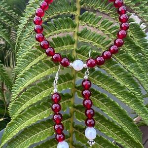 Red Jade Stretch Bracelet Sterling Silver Freshwater Pearl Dangle Earrings Set